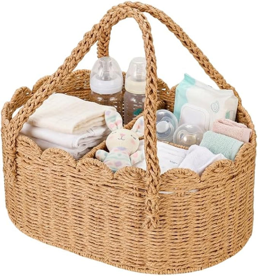 Woven Diaper Caddy for Baby, Paper Rope Storage Bin with Removable Divider, Baby Stuff Organizer for Nursery, Portable Car Storage Basket for Diapers, Baby Shower Gifts, Newborn Essentials Must Haves by Whensimplicitymeetscomfort