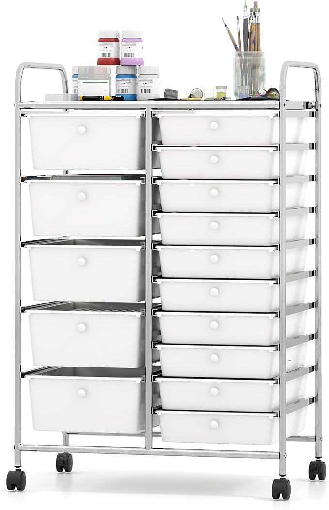 DREAMADE 15-Drawer Rolling Storage Cart, Mobile Craft Cart, White | Utility Organizer with Lockable Wheels, Removable Plastic Drawers and Metal Frame for Home Office, Classroom and Studio by DREAMADE