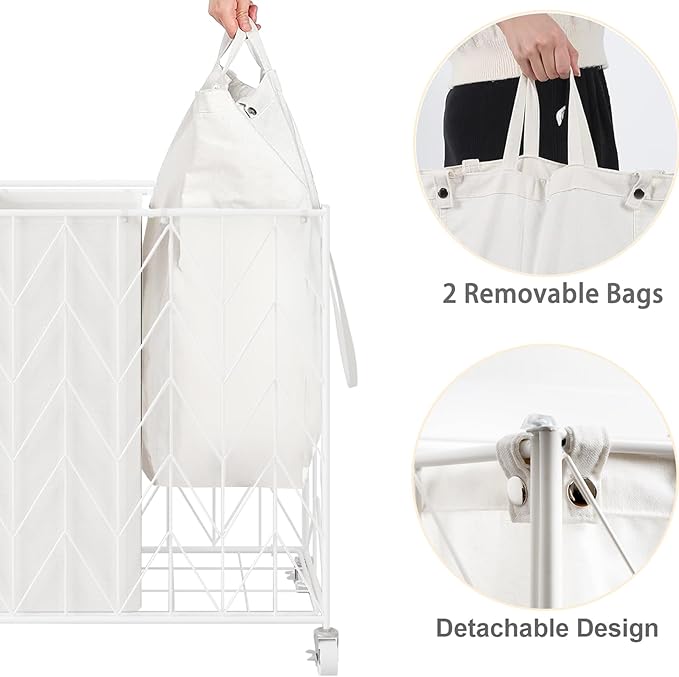 WOWLIVE Double Laundry Hamper with Lid, Rolling Laundry Basket with Wheels | Heavy Duty Wire Clothes Hamper with Divided Removable Bags, Large Iron-Made Laundry Sorter Laundry Room Organization, White - Image 5