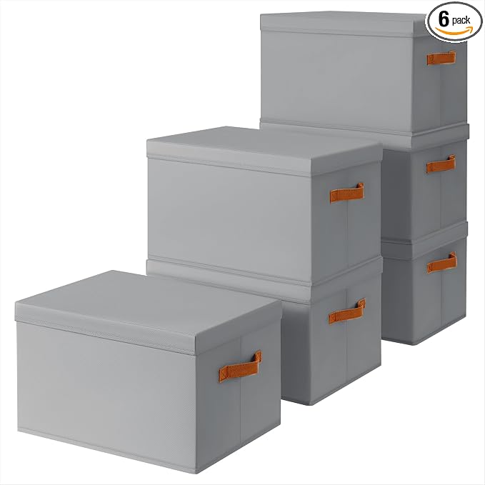 Storage Bins with Lids - Large Fabric Closet Bins with Lid, 6 Pack Clothes Organizers and Storage, Collapsible Stackable Cube Basket for Home, Office, Dorm, Grey by Homsorout