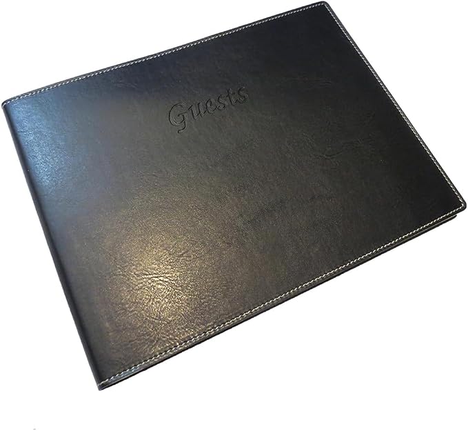 Leather Guest Book Soft Cover Italian with Guests Embossed on Cover Collection (Black) by Jolitee