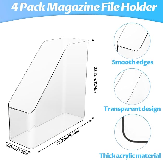 4Pcs Clear Acrylic Magazine File Holder Desktop Storage Organizer | Clear acrylic plastic bins for documents desktop sorter organizer for home office school desktop supplies. - Image 2