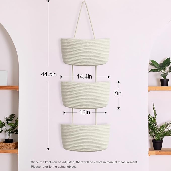TeoKJ Over the Door Hanging Basket, 3-Tier Woven Cotton Wall-Mounted Storage Organizer Bag Decorative Hanging Nursery Baskets, White - Image 5