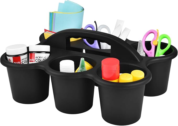 ALINK 6 Pack Classroom Caddy Storage Basket with Handle, Plastic Drink Cup Caddy Holder, 6 Compartments for Kids, Table, Office, Arts, Crafts, Crayon, Marker, Pencil, School Supplies - Black - Image 5