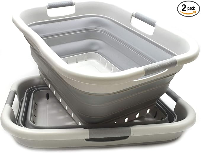 SAMMART 41L (10.8 gallon) Set of 2 Collapsible 3 Handled Plastic Laundry Basket-Foldable Pop Up Storage Container/Organizer-Space Saving Hamper/Basket (2, Grey/Grey) by SAMMART