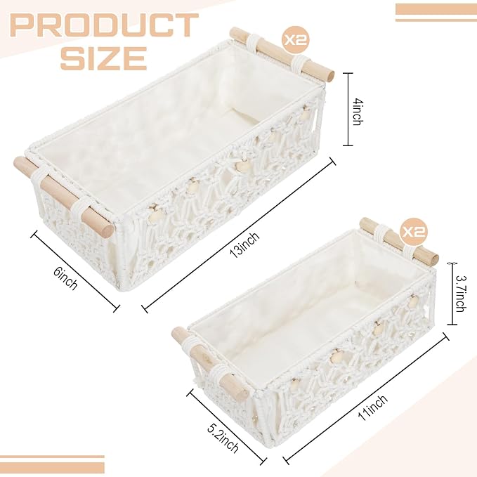 Vesici 4 Pcs Boho Macrame Storage Basket for Shelves 13" 11" Neutral White Storage Basket Hand Woven Box with Wood Handles Beads Decorative Countertop Toilet Cabinet Organizer for Home Decor - Image 2