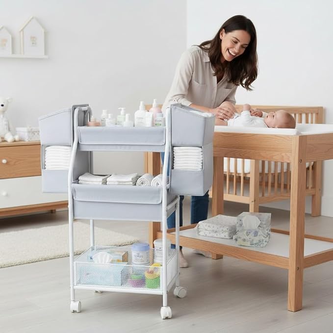 Rolling Utility Cart with Side Storage, 3-Tier Diaper Cart & Baby Caddy Organizer for Nursery Essentials, Bedside/Postpartum Nursing Cart, Craft & Art Storage Organizer, Rolling Book Cart - Image 2