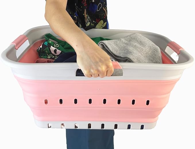 SAMMART 42L (11 gallon) Collapsible Plastic Laundry Basket - Foldable Pop Up Storage Container/Organizer - Space Saving Hamper/Basket (Grey/Quartz Pink) - Image 6