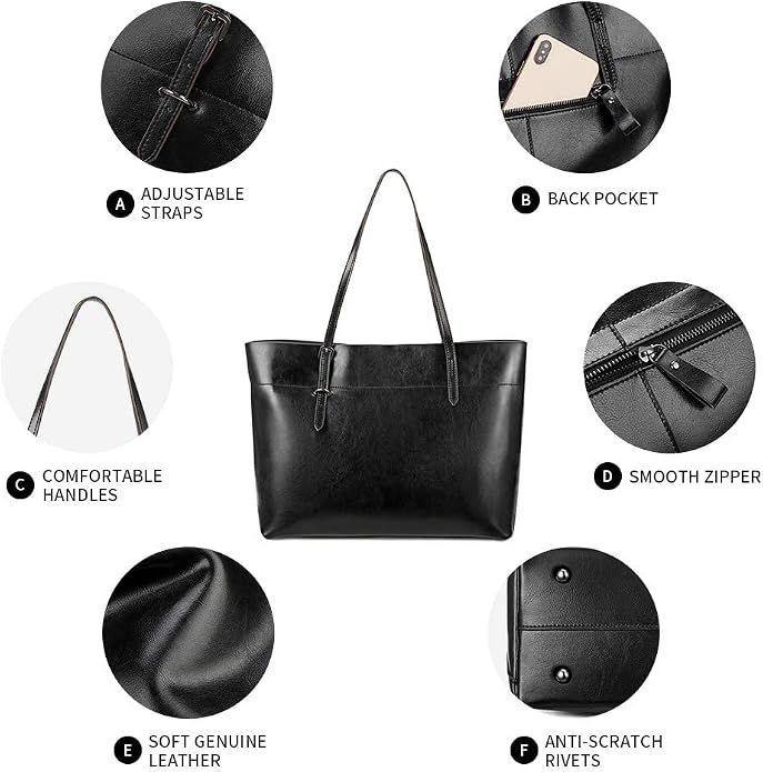 Kattee Vintage Genuine Leather Tote Shoulder Bag for Women | Genuine leather tote with adjustable straps, 7 pockets, and room for a 14-inch laptop, ideal for work and travel. - Image 5