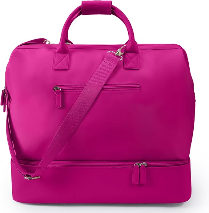 Nobl Travel Weekender Bag for Women & Men, Large Carry-On Duffel, Hot Pink | Leather Overnight Tote with Trolley Sleeve, Separate Shoe Compartment & Laptop Pocket for Airplane, Gym & Road Trips by NOBL