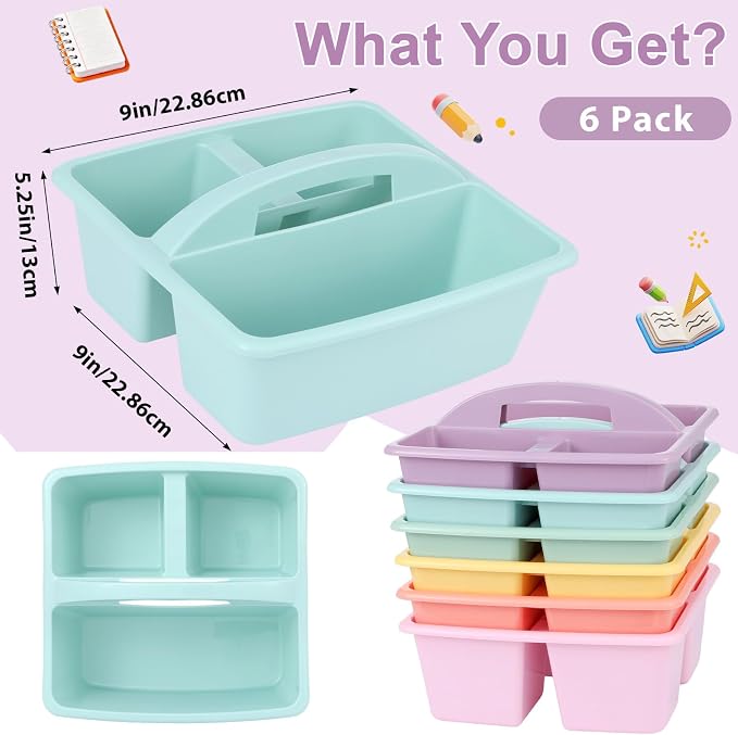 gisgfim 6 Pack Classroom Caddy with Handle Plastic Storage Caddy Organizer with 3 Compartments Desk Caddies Holder Portable Storage Bin for Pencil, Crayon, Marker, Home, Office, School Supply(Pastel) - Image 2
