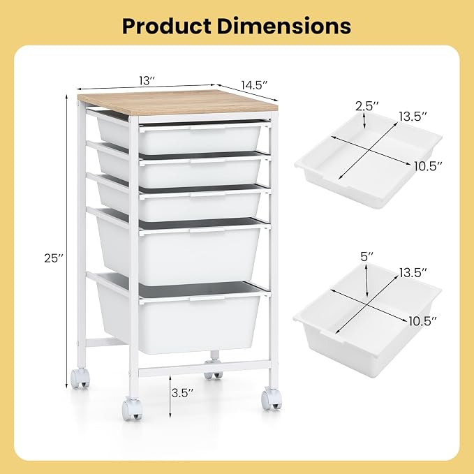 Rolling Storage Cart with 5 Drawers, Plastic Craft Organizer on Wheels with Wooden Top, Mobile Art Supply Utility Cart for Classroom, Home, Office - Image 3