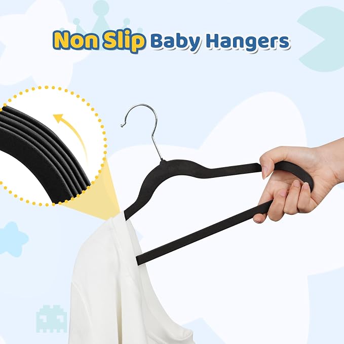 Premium 14 Inch Kids Hangers 50 Pack, Baby Velvet Hanger Non Slip | Black Space Saving Felt Hangers Clothes Organizers for Closet with 360° Swivel Hook for Children, Toddler & Teens - Image 2