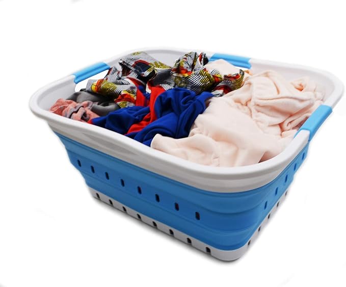 SAMMART 42L (11 gallon) Collapsible Plastic Laundry Basket - Foldable Pop Up Storage Container/Organizer - Space Saving Hamper/Basket (1, White/Marine Blue) - Image 5