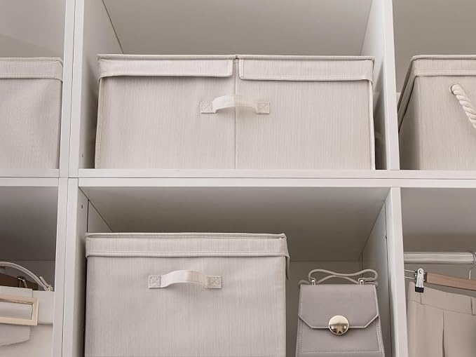 StorageWorks Extra Large Storage Bins with Lids, 55L Decorative Storage Bins with Double-Open Lid and Divider Board, Fabric Bins with Handles, Mixing of Beige, White & Ivory, 2-Pack - Image 5