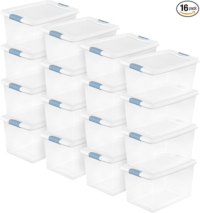Sterilite Latching Box with Lids for Home and Office, 64 Quart, 16-Pack | Heavy-Duty and Stackable Plastic Containers with Latches for Closet, Cabinet, Bedroom, Bathroom and Dorm Room Organization by Sterilite