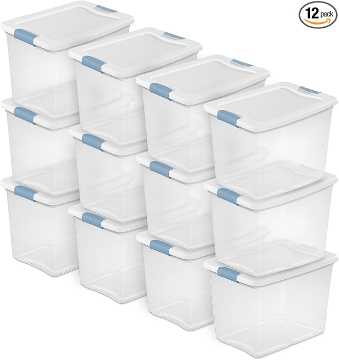 Sterilite 12-Pack Latching Box, Under Bed Storage Bins with Lids, Clear Plastic, 25 Quart - Heavy-Duty Organizing Containers for Closet, Bathroom, and Office | Heavy-Duty and Stackable Plastic Containers with Latches for Closet, Cabinet, Bedroom, Bathr... by Sterilite