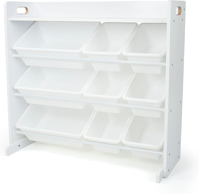 Humble Crew Kids Toy Organizer with Display Shelf, 9 Bins, 3 Tier Storage | Sturdy wood and steel toddler shelf, removable BPA-free containers, wall anchor anti-tip safety kit for bedroom or classroom by HumbleCrew