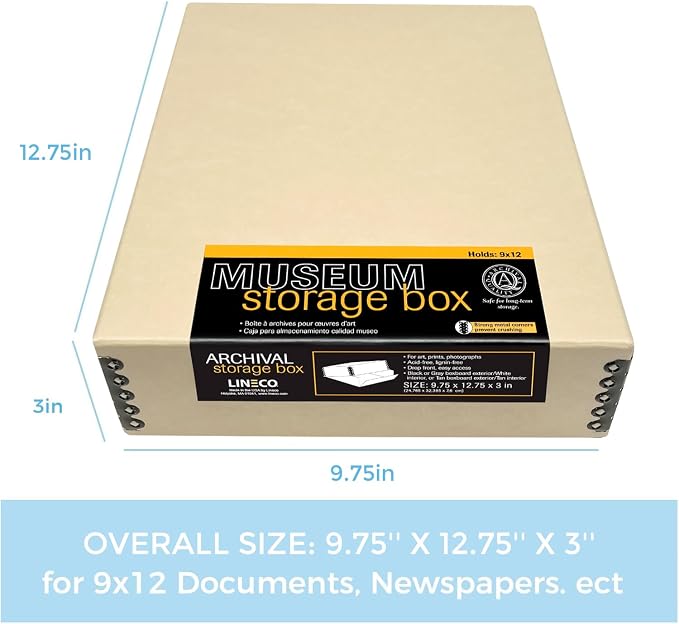 Lineco Museum Archival Storage Box, Drop Front, 9.75x12.75x3 in, Tan | Acid-Free with Metal Edge, Preserves Picture Longevity, Organize Photos, Newspapers, Prints, Documents, Crafts, DIY - Image 2