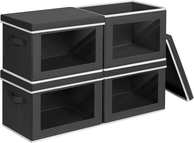 Storage Boxes with Lids - 4 Pack Fabric Clear Window Storage Bins, Large Decorative Storage Bins with Handles, Linen Closet Organizer for Clothes, Towel, Blanket, Black by Homsorout