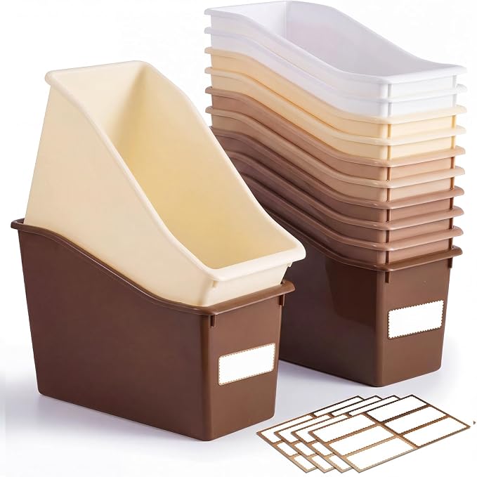 Geetery 12 Pcs Book Bin for Classroom with Labels Stackable Plastic Organizing Bins 11.5 x 5.4 x 7.5 in Book Holders Storage Bins Box Baskets for Classroom Library Home (Brown Color Series) by Geetery