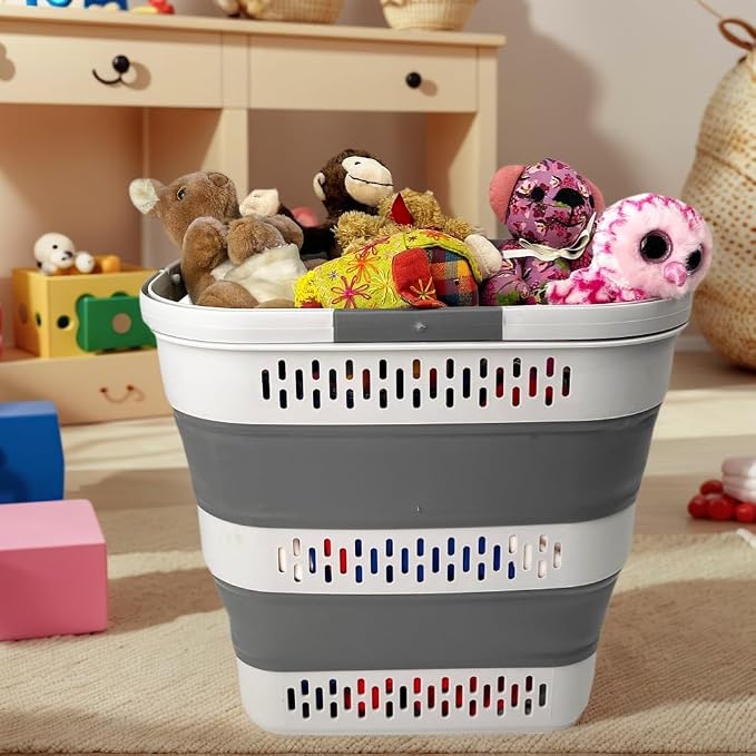 SAMMART 38L(10 Gal) Collapsible Laundry Basket - Foldable Pop-Up Storage Container/Organizer-Portable Space Saving Hamper, Measure 17.5x13.3x15.7"/3.8" Expanded/Collapsed (2, Grey) - Image 5