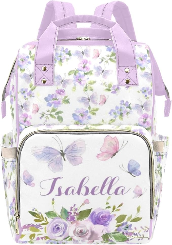 Personalized Diaper Bag Customized Floral Purple Butterfly Waterproof Nursing Bags Custom Mommy Daypack with Name for Travel Outside Daily Use by Noverbibi