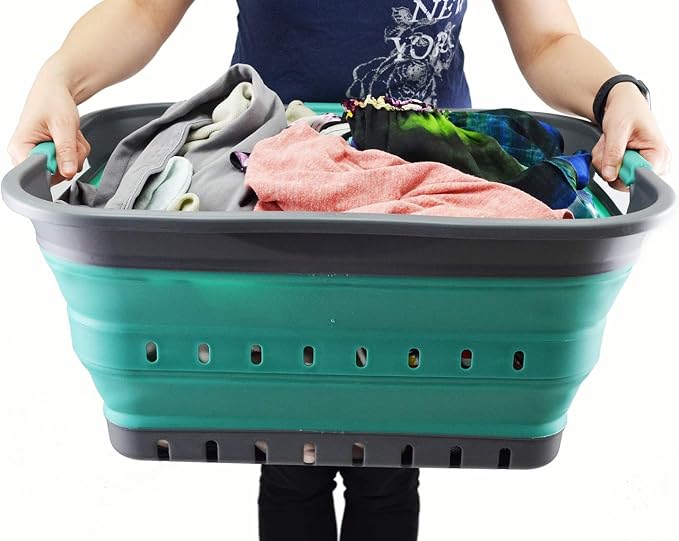 SAMMART 42L (11 gallon) Collapsible Plastic Laundry Basket - Foldable Pop Up Storage Container/Organizer - Portable Basket - Space Saving Hamper/Basket (2, Grey/Turquoise Blue) - Image 7