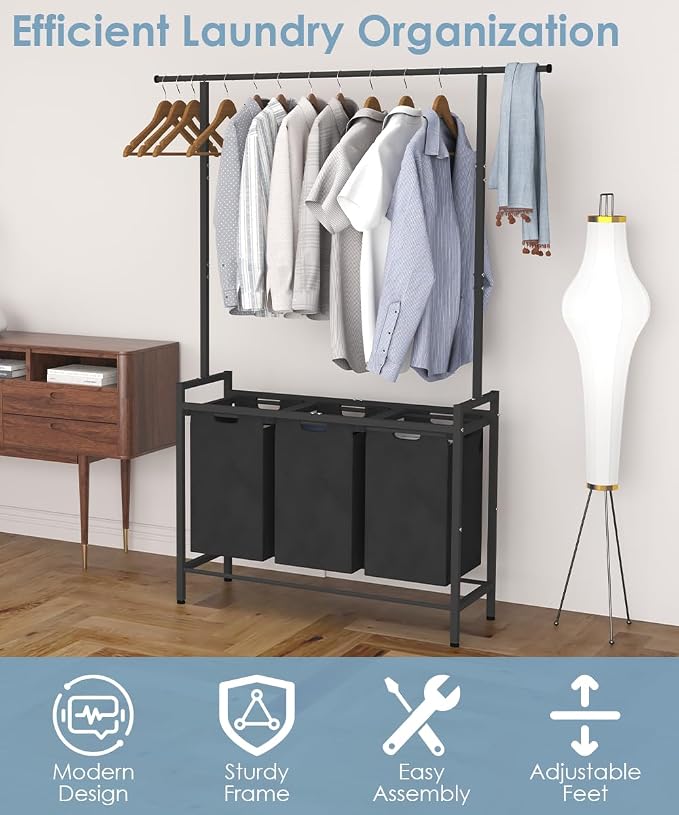Large Laundry Hamper with Clothes Rack Hanging Bar, 10 x 3 Gal Pull-Out & Removable Sorter Bags, Freestanding Laundry Basket Organizer for Bathroom, Bedroom and Laundry Room, Black - Image 5