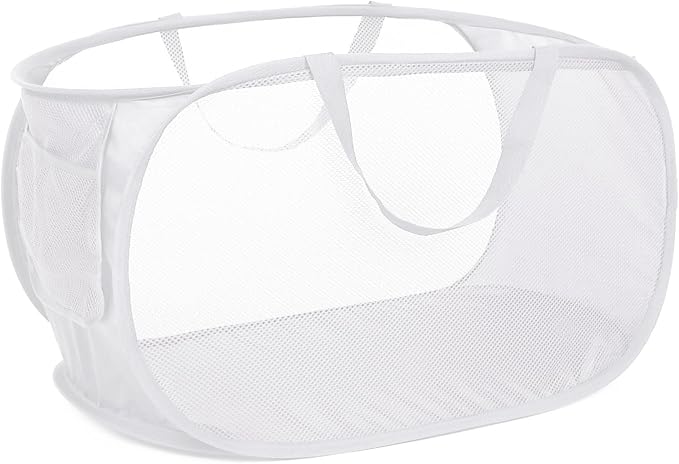 Strong Mesh Pop Up Laundry Basket, Collapsible Laundry Hamper with Side Pocket, Foldable Clothes Pop Up Hamper with Durable Reinforced Handles for Laundry, Bathroom, Kids Room, Dorm or Travel White by Bemkoo