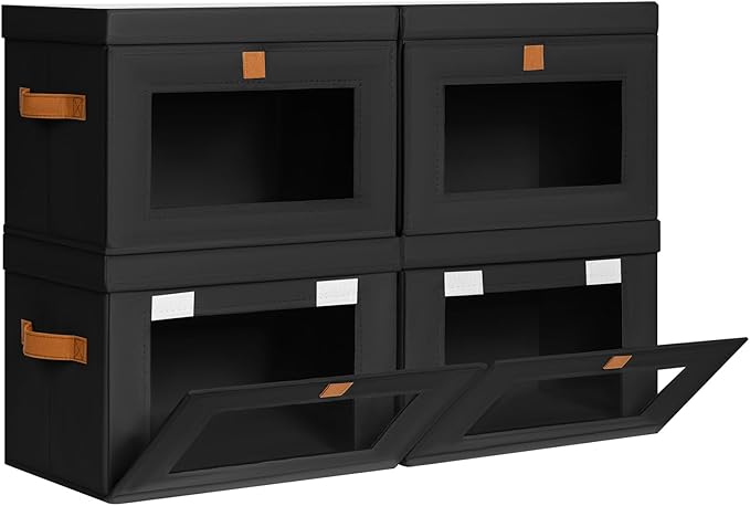 DIMJ Storage Bins with Lids - 4 Pack Front Opening Stackable Fabric Storage Boxes with Clear Window & Handles, Collapsible Closet Organizers for Clothes, Sweaters, Shelf Storage, Bedroom, Black by DiMJ