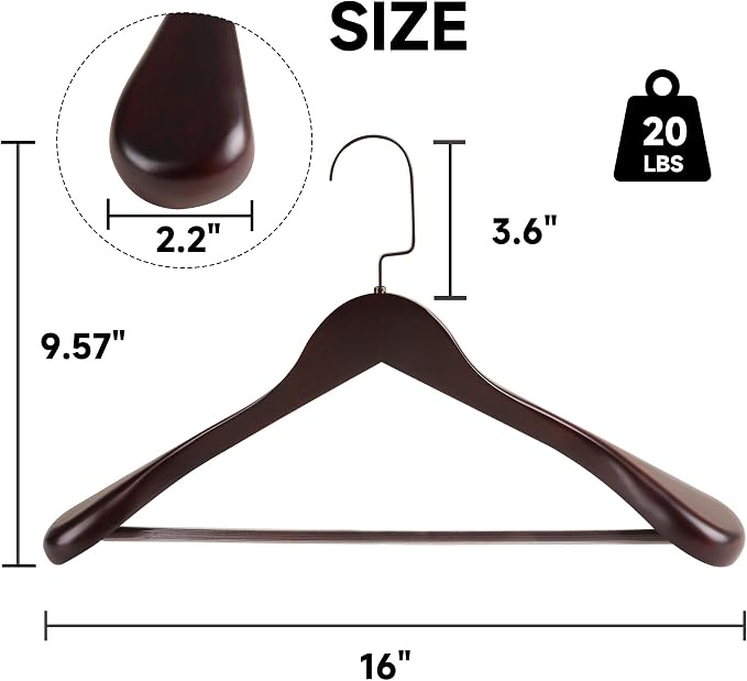 Wooden Suit Hangers with Non Slip Pants Bar, Dark Cherry, 36-Pack, 16" | Wood Extra-Wide Shoulder Hangers, Flat-Head Hook Hangers for Suits, Coats, Jackets, Shirts, Pants, and Heavy Clothes - Image 2