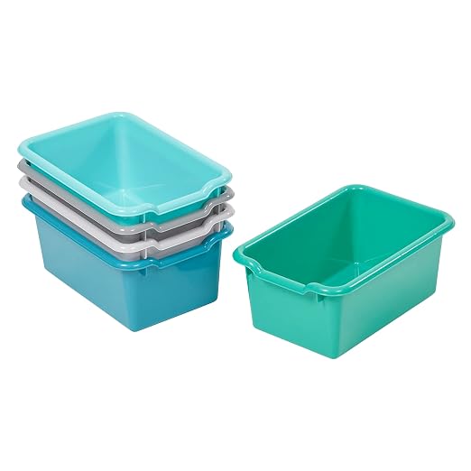 ECR4Kids Scoop Front Storage Bin, Multipurpose Organization, Contemporary, 5-Piece | Durable plastic, GREENGUARD Gold Certified, 1.2 gallon capacity, lightweight & nestable, built-in handle, classroom/home use by ECR4Kids