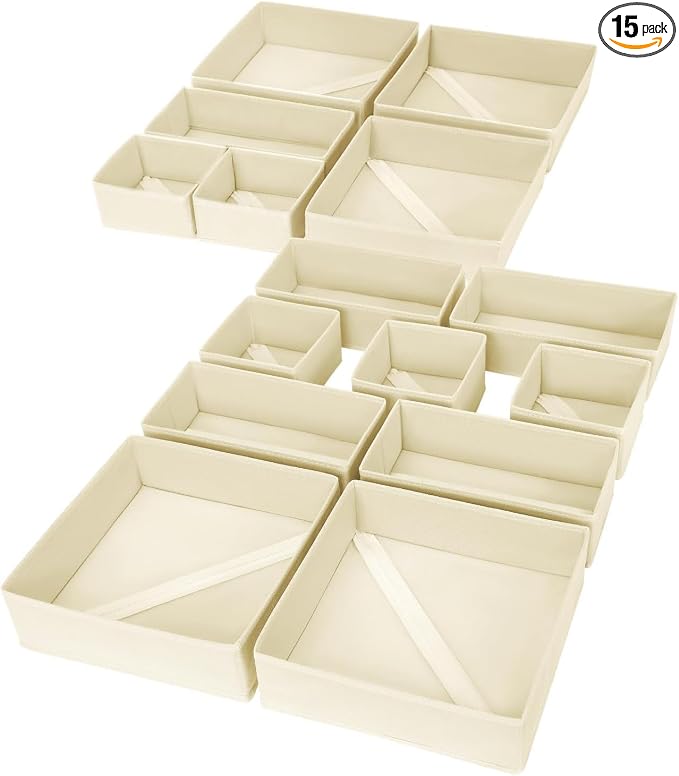DIMJ Drawer Organizer Clothes, 15 Pack Dresser Organizer, Foldable Closet Organizers and Storage, Fabric Dresser Bins, Drawer Dividers for Nursery, Baby Clothes, Underwears, Sock (Beige) by DiMJ