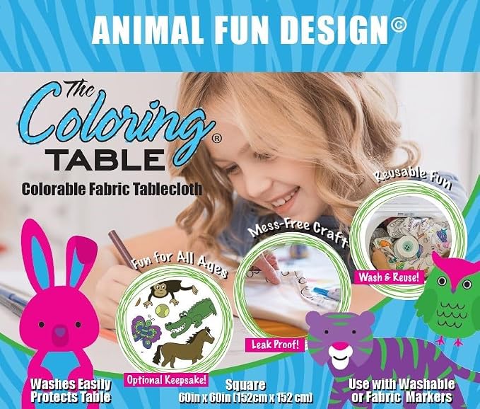 Animal Fun Design – Square Tablecloth 60”X60” – Interactive Coloring Tablecloth for Kids - Poly/Cotton Fabric – Washable and Reusable – DIY Activity for Children and Adults - Image 2