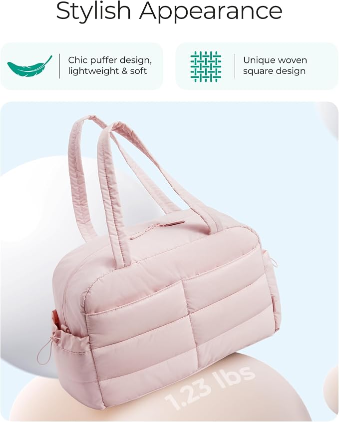 BAGSMART Gym Bag for Women, Lightweight Puffer Duffle Bag 2-PC Travel Bag, 31L Weekender Overnight Bag Quilted Carry On Tote Bag, Diaper Hospital Dance Bag for Travel, Gym, Water Resistant, Pink - Image 7