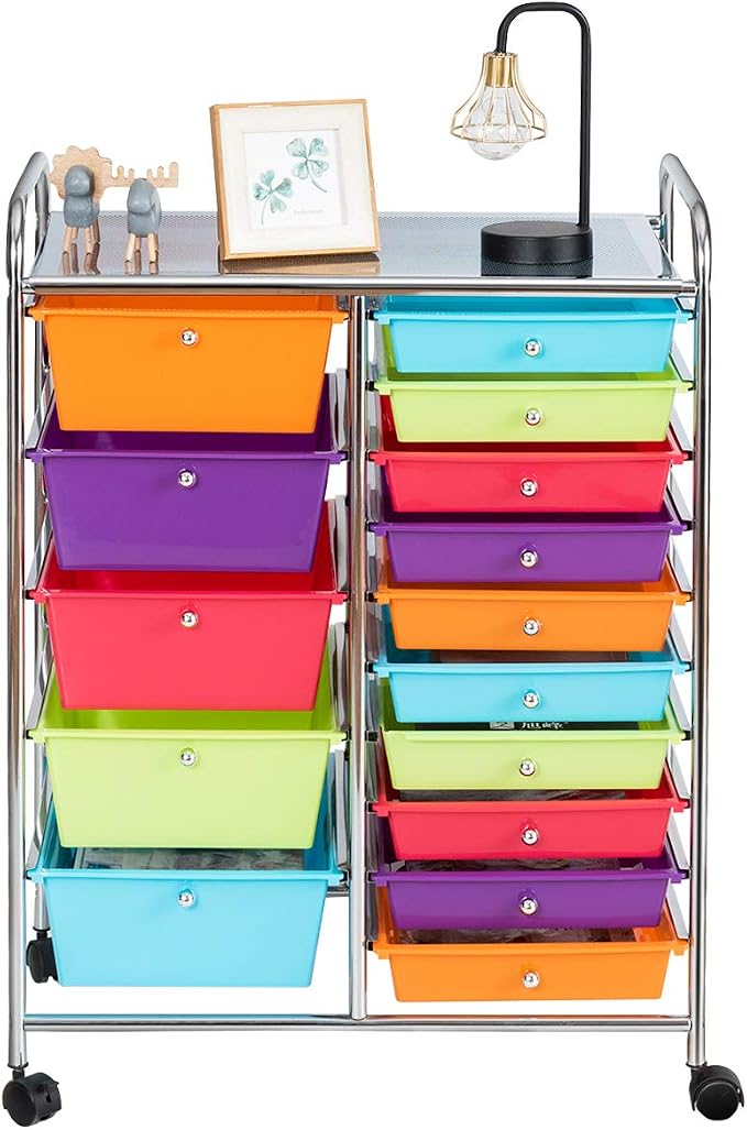 RELAX4LIFE 15 Drawer Rolling Storage Cart, Mobile Drawer Carts for Craft Art Supply Paper Salon, Utility Cart on Wheels for Classroom Teacher School Office, Rolling Cart with Drawers (Multi-Color) - Image 7