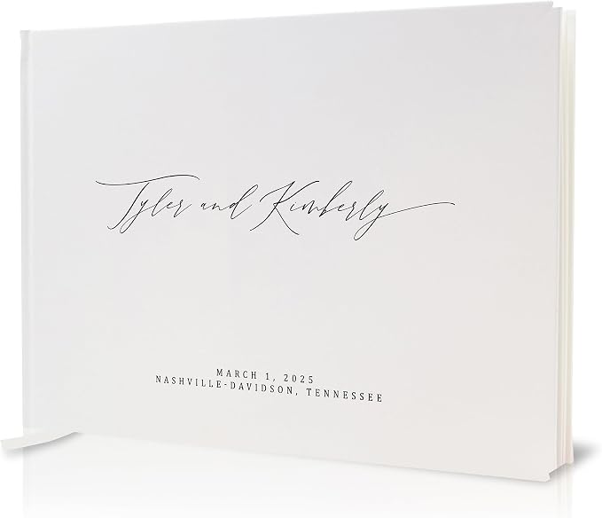 Personalized Guestbook in Eggshell - 11.5 x 8.5" Custom Hardcover Book for Wedding Reception Guests to Sign, Photobooth Album w/ Blank 140gsm Pages, Includes Ribbon Bookmark, Customized Names & Date by MUUJEE