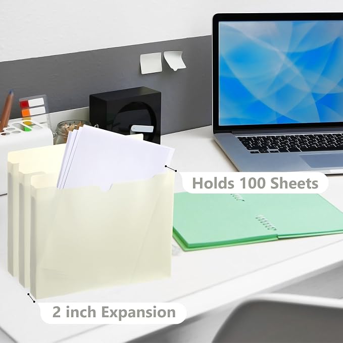 Dunzoom 50 Pack File Jackets Letter Size 2 Inch Beige Expansion Manila Plastic File Folders Expandable Heavy Duty Reinforced Straight Cut Tab Expandable Document Jacket for Office - Image 3