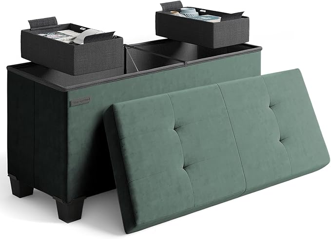 Storage Ottoman Bench with Bins, 30-in Storage Bench for Bedroom End of Bed, Folding Foot Rest Ottoman for Living Room Max 660lbs, Velvet Ottomans, Green by STORAGEBUD