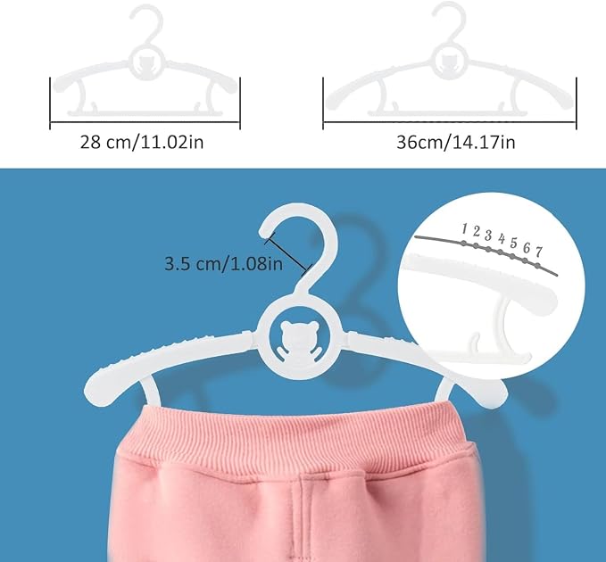 Baby Clothes Hangers 50 Pack, Plastic Kids Hangers Space Saving for Closet | White Hanger for Toddler Girl and Boy, Lightweight Anti-Slip Cascading Padded Extendable Adjustable Pant Bear Children Hangar - Image 4