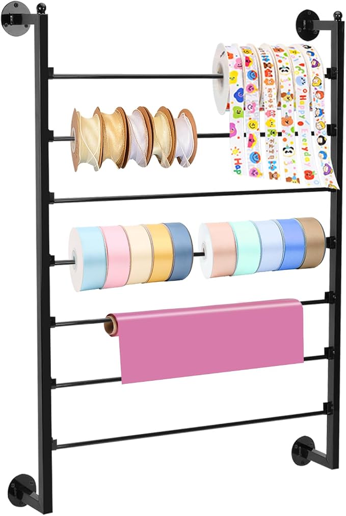 7 Tier Wall Mounted Ribbon Organizer Metal Holder, Black | Holiday/Birthday Gift Wrapping Organizer Storage, Ribbon Storage Rack for Craft Cake Shop Flower Store, Tie Scarf Rack by Noheiwur