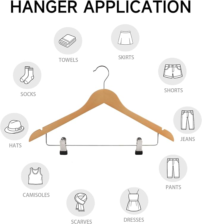 Wooden Hangers with Adjustable Metal Clips, 72-Pack, Natural | Solid Wood Hangers with 360° Rotatable Hook for Skirt, Dress, Coats, Jacket and Pants, Space-Saving and Non-Slip Design - Image 5