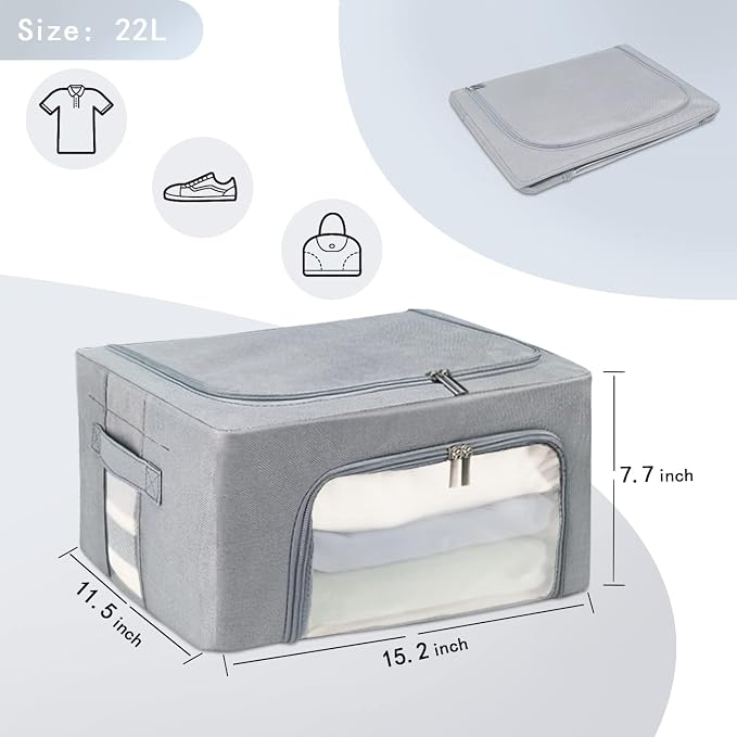 Clothes Storage Box Bins Stackable Foldable Organizer,Sturdy Handles with Metal Frame for Clothing Bedding Shelves,Closet Container with Clear Window Zipper and Label Holder (Gray, 22L x3 Pack) - Image 2