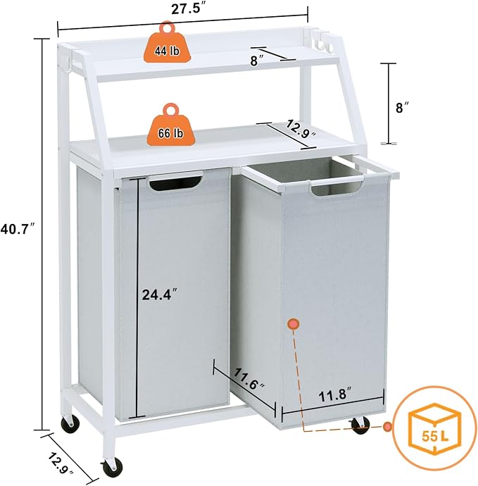 Laundry Hamper, Laundry Sorter 2 Section, Rolling Laundry Basket with Wheels, 2 Shelves, 2 × 14.5 Gal, Pull-Out and Removable Oxford Fabric Bags, for Laundry Room, White and Grey - Image 7