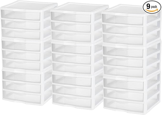 Sterilite Wide 3-Drawer Storage Unit for Bedroom and Dresser, 9-Pack | Organizing Plastic Storage Drawers and Containers for Home, Office, Desk, Clothes, Kitchen, and Pantry by Sterilite