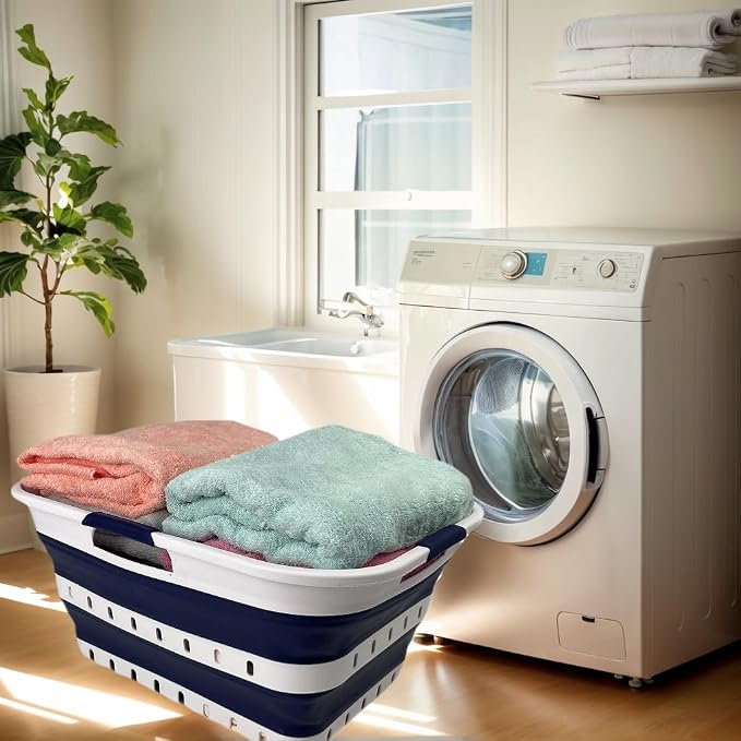 SAMMART 42L (11 gallon) Collapsible Plastic Laundry Basket - Foldable Pop Up Storage Container/Organizer - Space Saving Hamper/Basket (1, White/Starry Blue) - Image 6