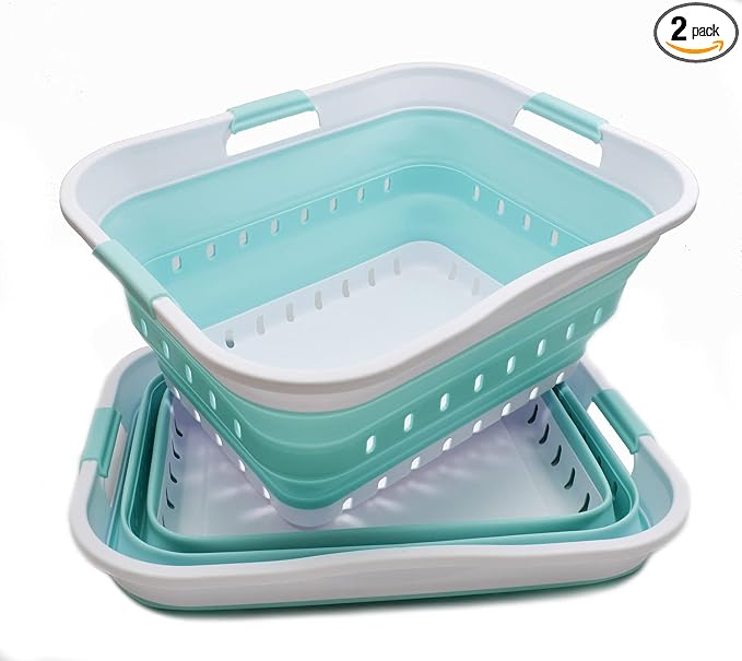 SAMMART 42L (11 gallon) Collapsible Plastic Laundry Basket - Foldable Pop Up Storage Container/Organizer - Portable Basket - Space Saving Hamper/Basket (2, White/Lake Green) by SAMMART