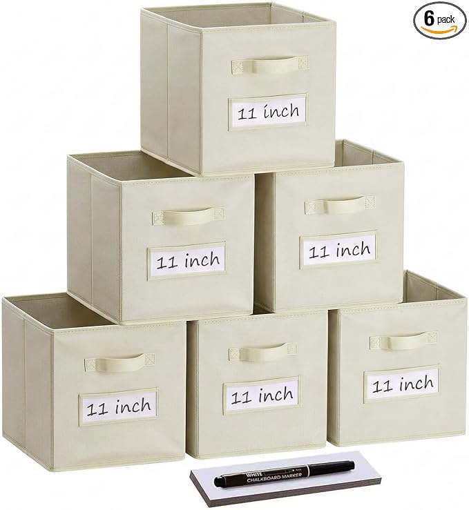 Storage Bins,11 Inch Cube Storage Bin with Labels,6pcs,Beige | Fabric Storage Cubes for Shelves,11 Inch storage cube bins with 6 Labels Window Cards & a Pen. by Anyoneer