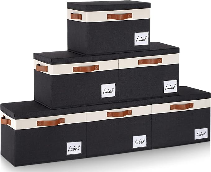 GhvyenntteS Fabric Storage Bins with Lids 6 Pack, Foldable Fabric Storage Baskets with Lid and Handles, Large Closet Organizers and Storage boxes with Label for Home Office (Black, 15" x 11" x 9.7") by GhvyenntteS